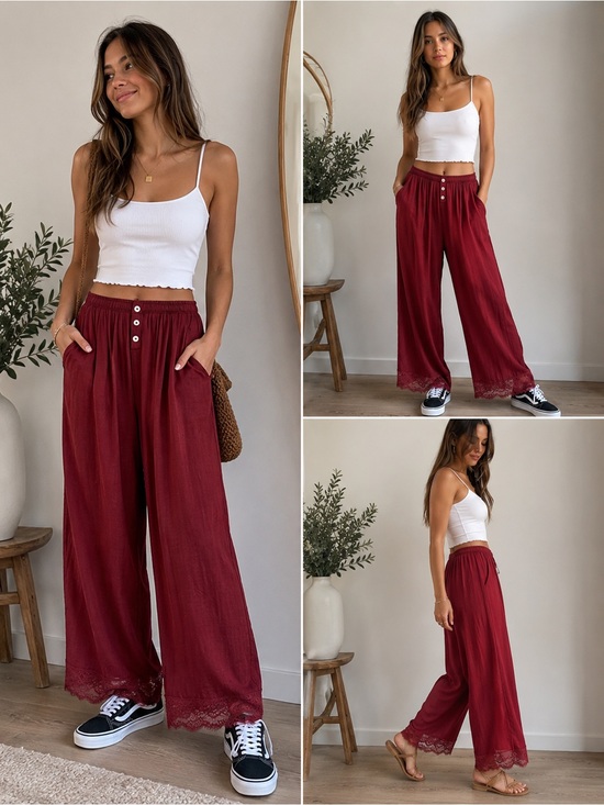 Soma Pants - Soma Wide-Leg Lace Hem Pants with lace in Burgundy festival goth fairy casual